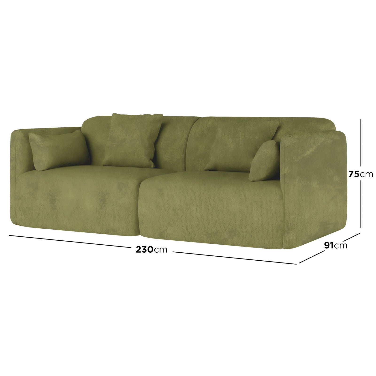 Vestalia 3 Seater Velvet Sofa in Olive Green, featuring a low-profile design with two back cushions and smaller side pillows, measuring 230 cm wide, 91 cm deep, and 75 cm tall.