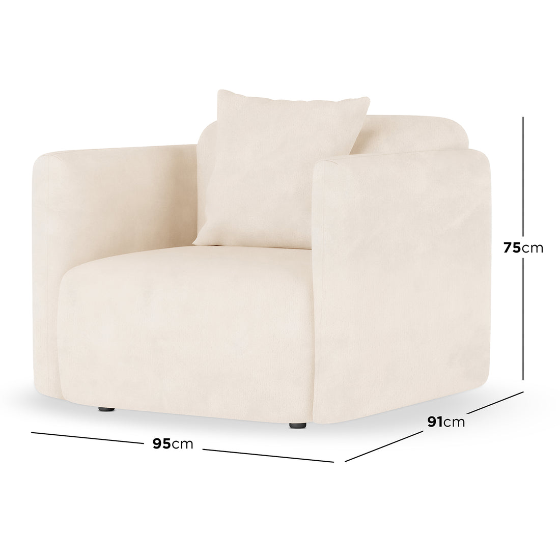 Vestalia Single Seater Velvet Sofa in Cream White, featuring a modern, curved design with plush upholstery. Shown with dimension lines: 95 cm wide, 91 cm deep, 75 cm tall on a white background.