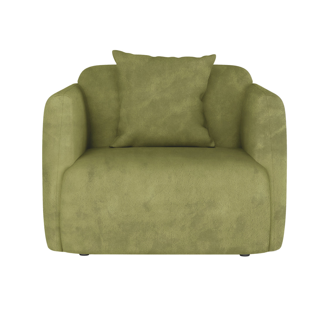 Vestalia Single Seater Velvet Sofa in Olive Green, featuring plush velvet upholstery, rounded arms, and a matching square back cushion, ideal for modern interiors with its elegant, comfortable design.