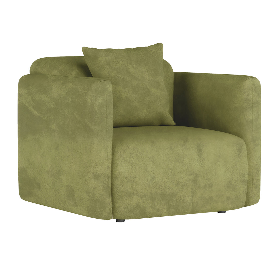 Vestalia Single Seater Velvet Sofa in Olive Green, featuring plush velvet upholstery, squared-off arms, and a loose back cushion, showcased against a plain white background for a modern and elegant look.