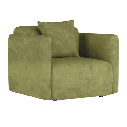Vestalia Single Seater Velvet Sofa in Olive Green, featuring plush velvet upholstery, squared-off arms, and a loose back cushion, showcased against a plain white background for a modern and elegant look.