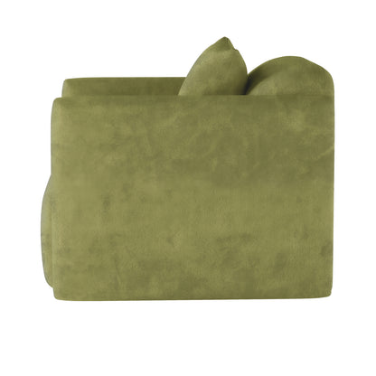 Vestalia Single Seater Velvet Sofa in Olive Green, featuring a plush velvet upholstery and rounded arm-end design, showcased in a studio setting, highlighting its modern elegance and comfort.