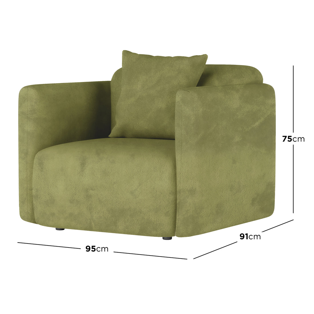 Vestalia Single Seater Velvet Sofa in Olive Green, featuring a modern, boxy silhouette with straight armrests, a loose back cushion, and plush velvet upholstery. Measurements: 95 cm wide, 91 cm deep, 75 cm tall.