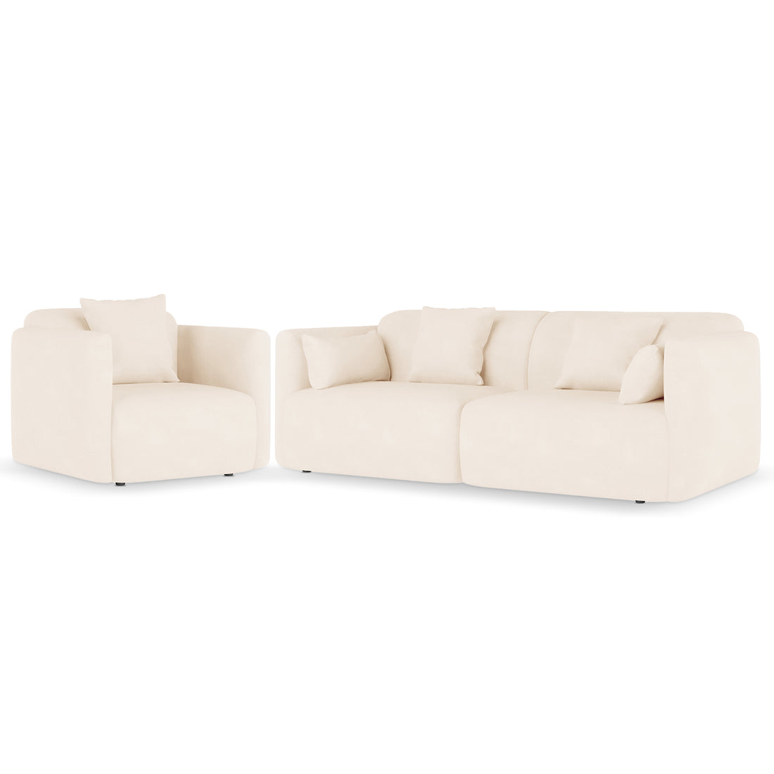 Vestalia 4 Seater Velvet Sofa Set in Cream White, featuring a modular design with a single-seat armchair and a larger two-seat module, both with blocky silhouettes and coordinating throw pillows.