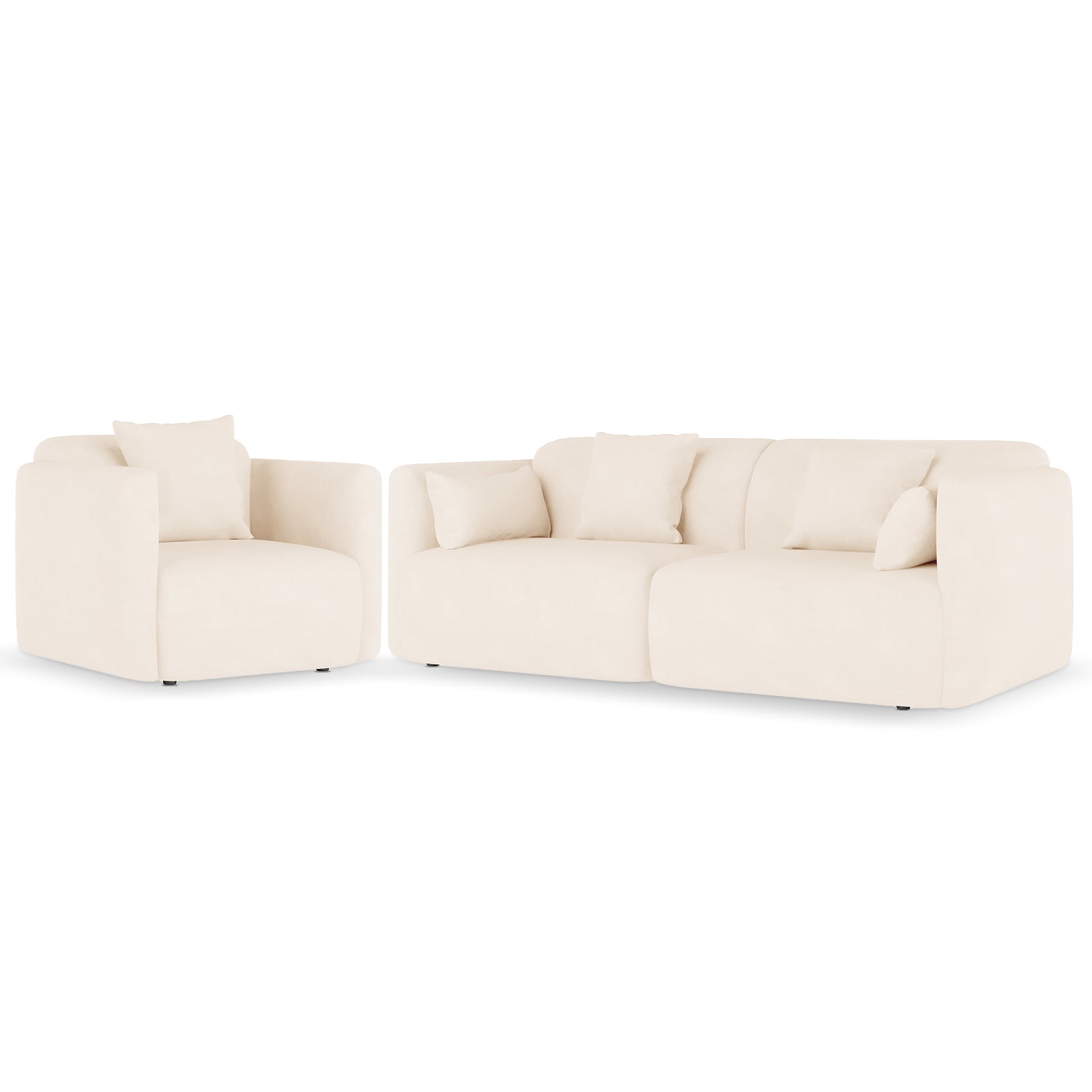 Vestalia 4 Seater Velvet Sofa Set in Cream White, featuring a modular design with a single-seat armchair and a larger two-seat module, both with blocky silhouettes and coordinating throw pillows.
