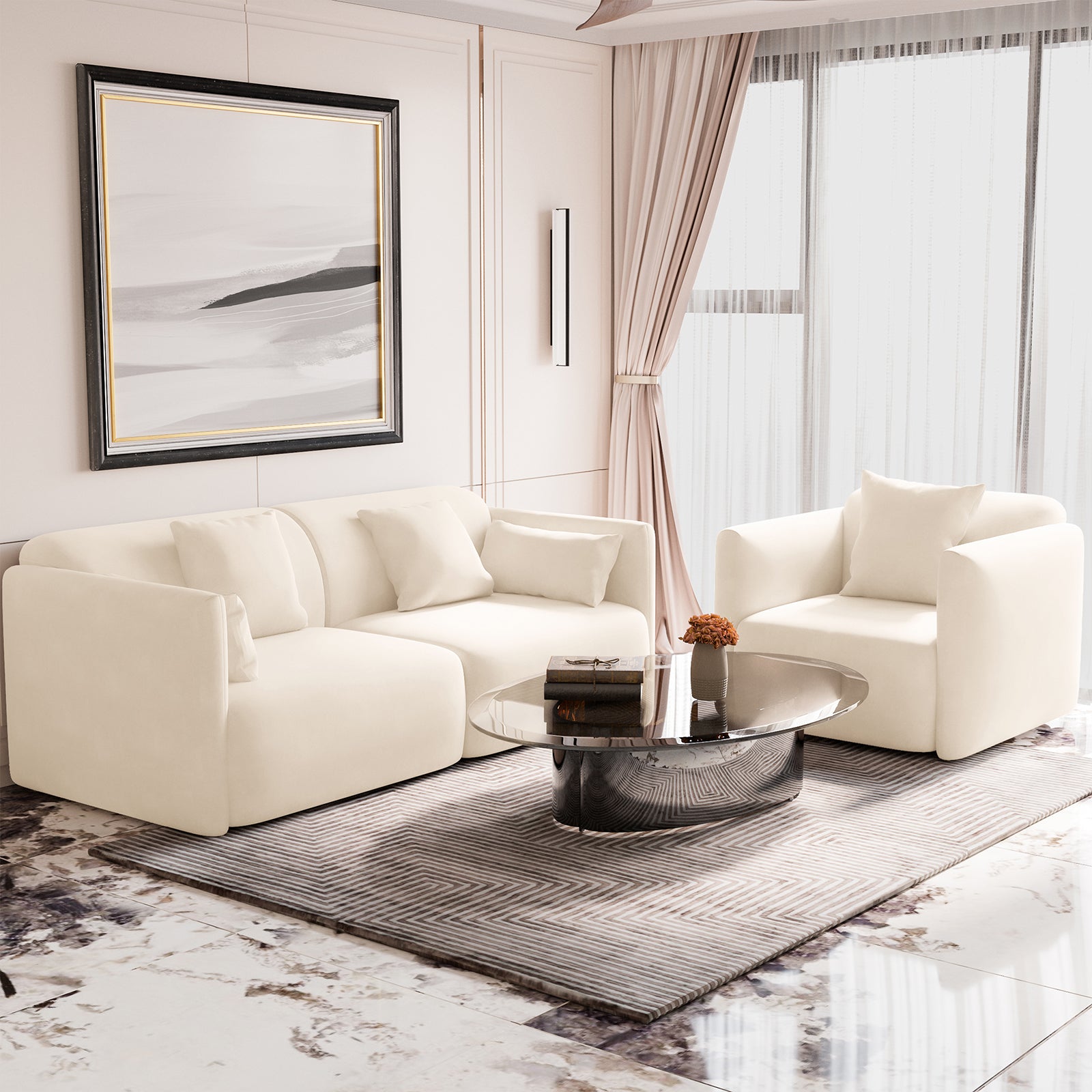 Vestalia 4 Seater Velvet Sofa Set in Cream White, featuring a low-profile, cream-colored sectional with matching throw pillows and a single armchair, complemented by a rounded reflective coffee table.