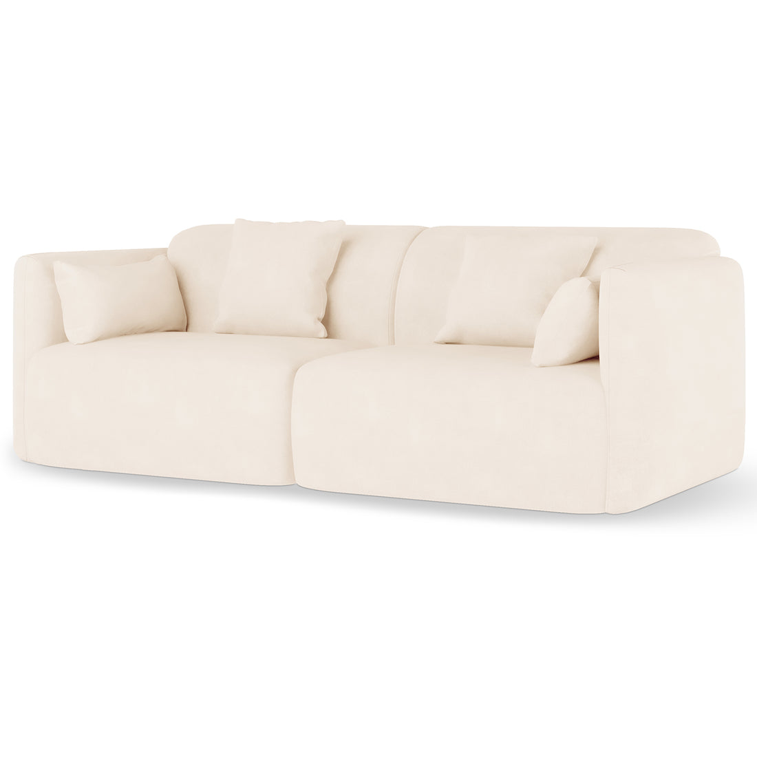 Vestalia 4 Seater Velvet Sofa Set in Cream White, featuring a modern, two-seat modular design with off-white fabric, one armrest on the right, and four matching throw pillows.