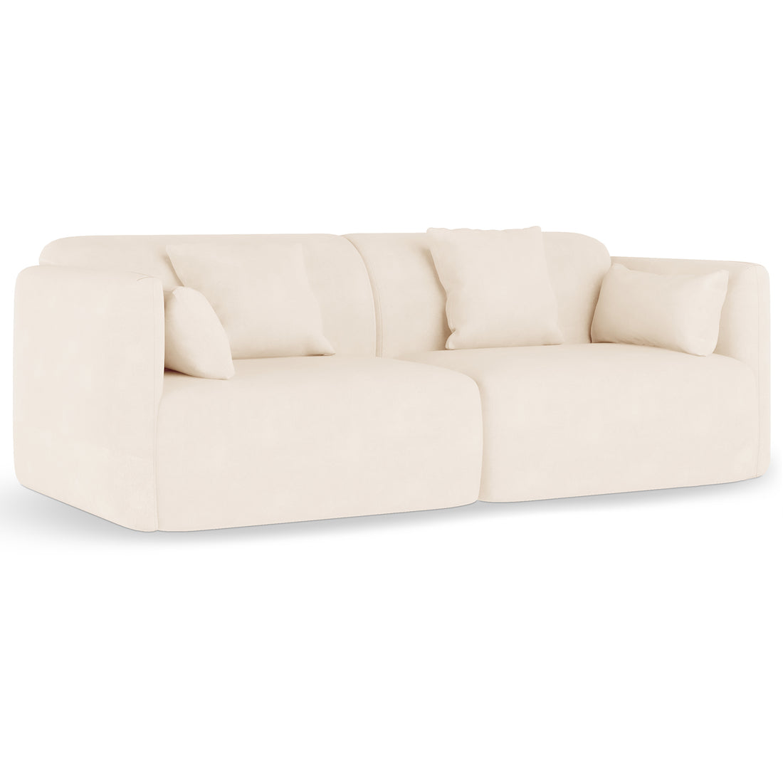 Vestalia 4 Seater Velvet Sofa Set in Cream White, featuring a modern, curved design with two adjoining modules, upholstered in cream velvet, and styled with matching throw pillows for elegance and comfort.