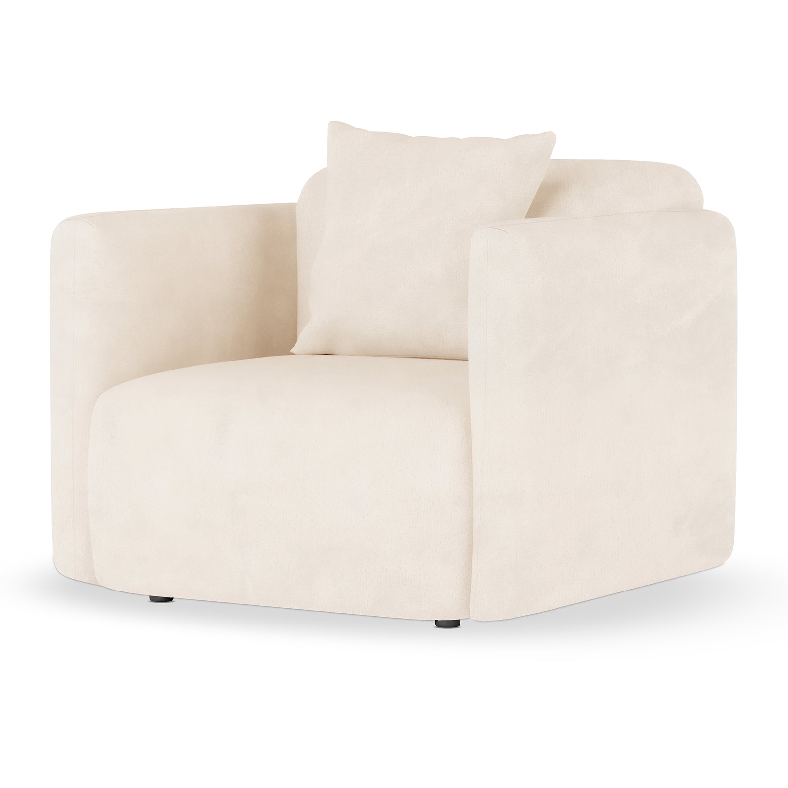 Vestalia 4 Seater Velvet Sofa Set in Cream White features a modern lounge chair with a deep, rounded seat and square armrests, upholstered in luxurious cream fabric, complete with a matching throw pillow.