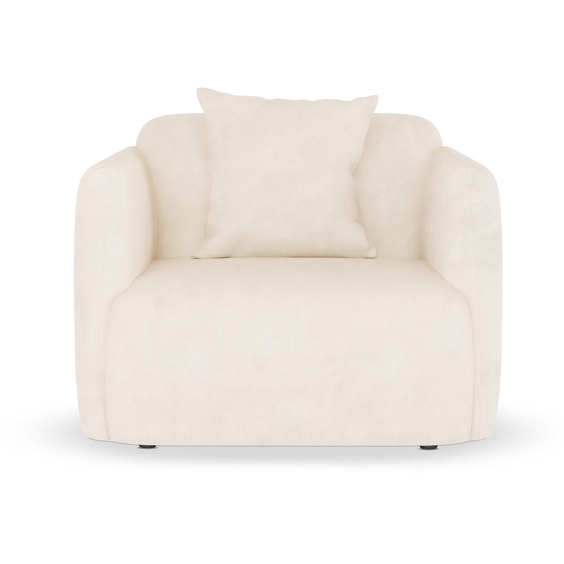 Vestalia 4 Seater Velvet Sofa Set in Cream White, featuring a single-seat upholstered armchair with rounded arms, thick cushions, and a matching throw pillow, embodying a contemporary, elegant design.