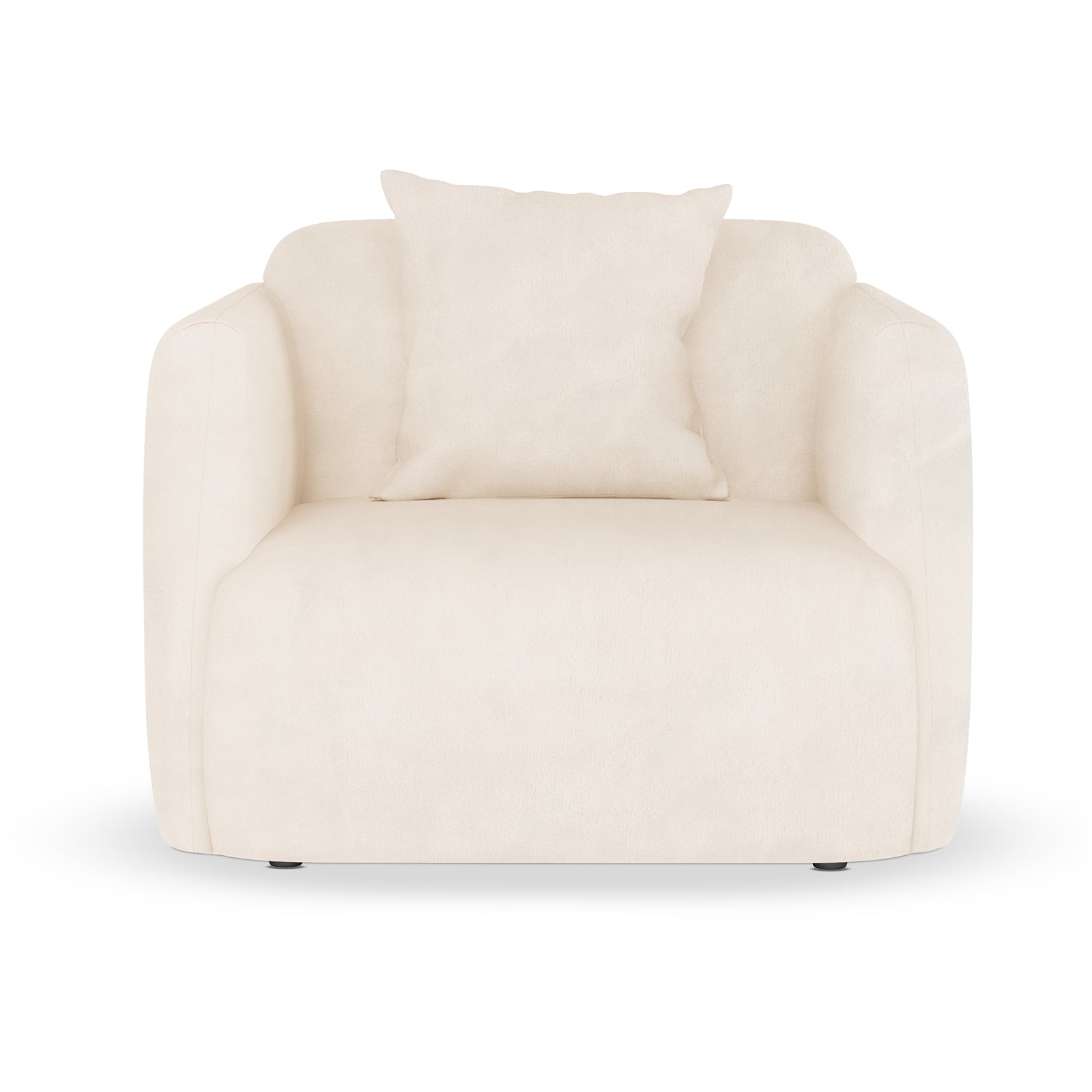 Vestalia 4 Seater Velvet Sofa Set in Cream White, featuring a single-seat upholstered armchair with rounded arms, thick cushions, and a matching throw pillow, embodying a contemporary, elegant design.