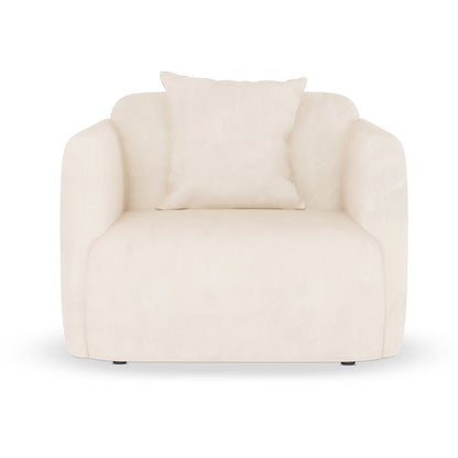 Vestalia 4 Seater Velvet Sofa Set in Cream White, featuring a single-seat upholstered armchair with rounded arms, thick cushions, and a matching throw pillow, embodying a contemporary, elegant design.