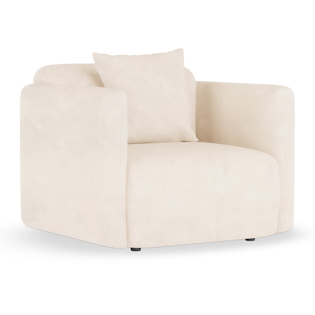 Vestalia 4 Seater Velvet Sofa Set in Cream White, showcasing a modern armchair with a boxy silhouette, wide armrests, off-white upholstery, and a matching cushion, embodying contemporary elegance.