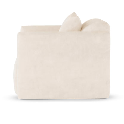Side-profile view of Vestalia 4 Seater Velvet Sofa Set in Cream White, showcasing the thick armrest, seat cushion, and back cushions in soft, off-white/cream upholstery.