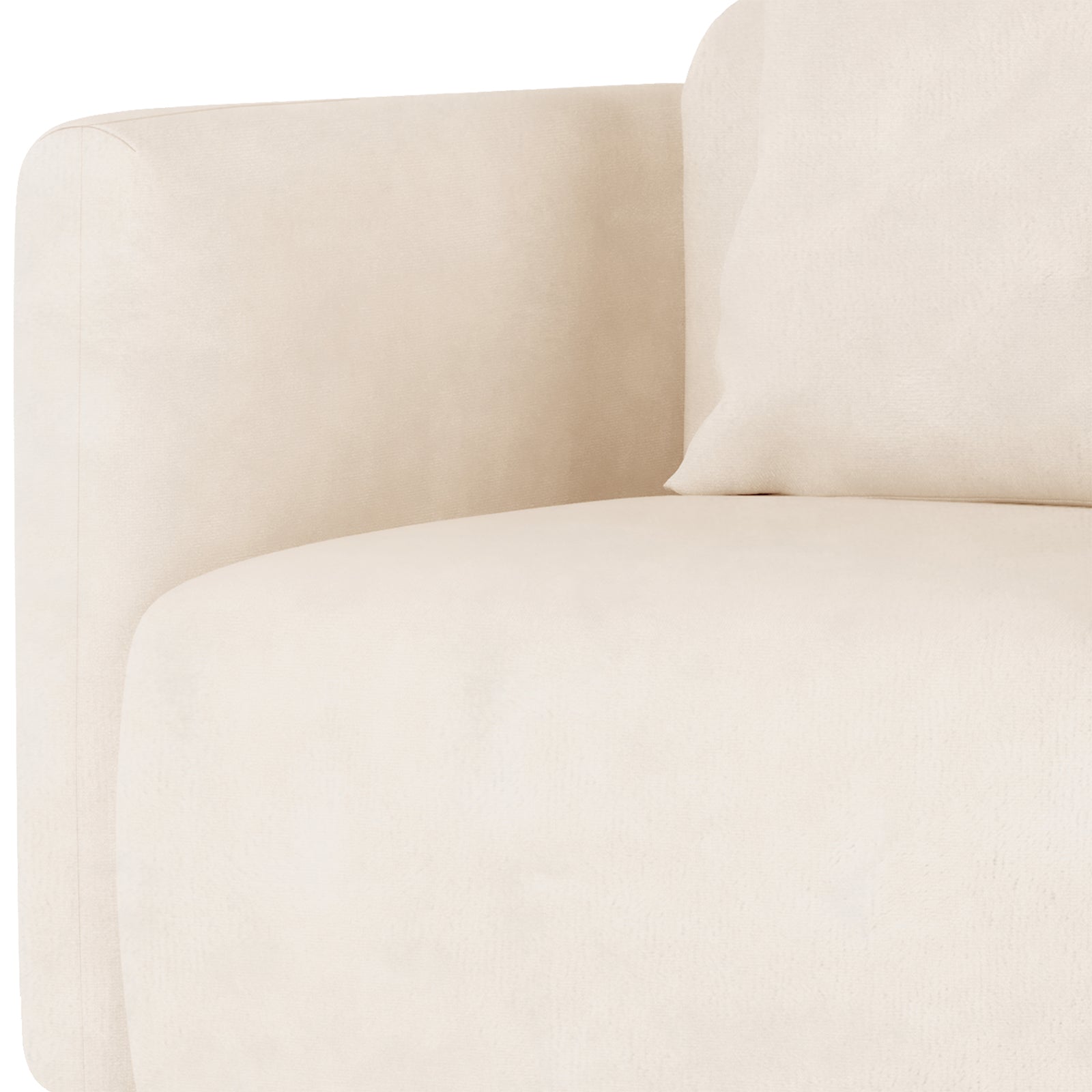 Close-up of Vestalia 4 Seater Velvet Sofa Set in Cream White, showcasing its light-beige upholstered armrest, seat cushion, and part of a matching back pillow, highlighting its luxurious velvet texture and elegant design.