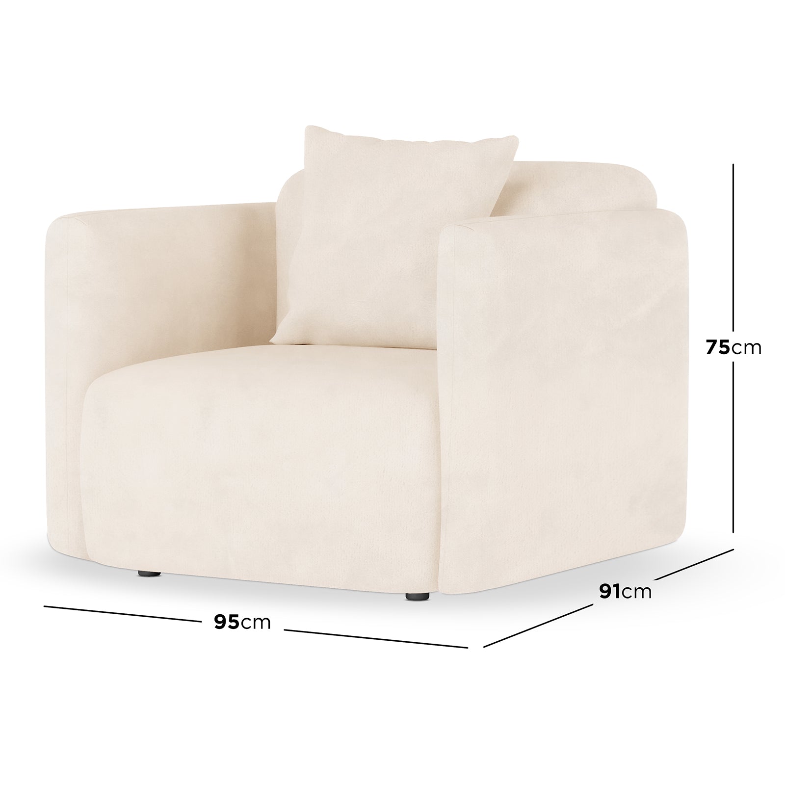 Vestalia 4 Seater Velvet Sofa Set in Cream White featuring a modern cube-like armchair with cream upholstery, broad arms, and deep cushions; dimensions indicated as 95 cm wide, 91 cm deep, 75 cm tall.