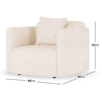 Vestalia 4 Seater Velvet Sofa Set in Cream White featuring a modern cube-like armchair with cream upholstery, broad arms, and deep cushions; dimensions indicated as 95 cm wide, 91 cm deep, 75 cm tall.
