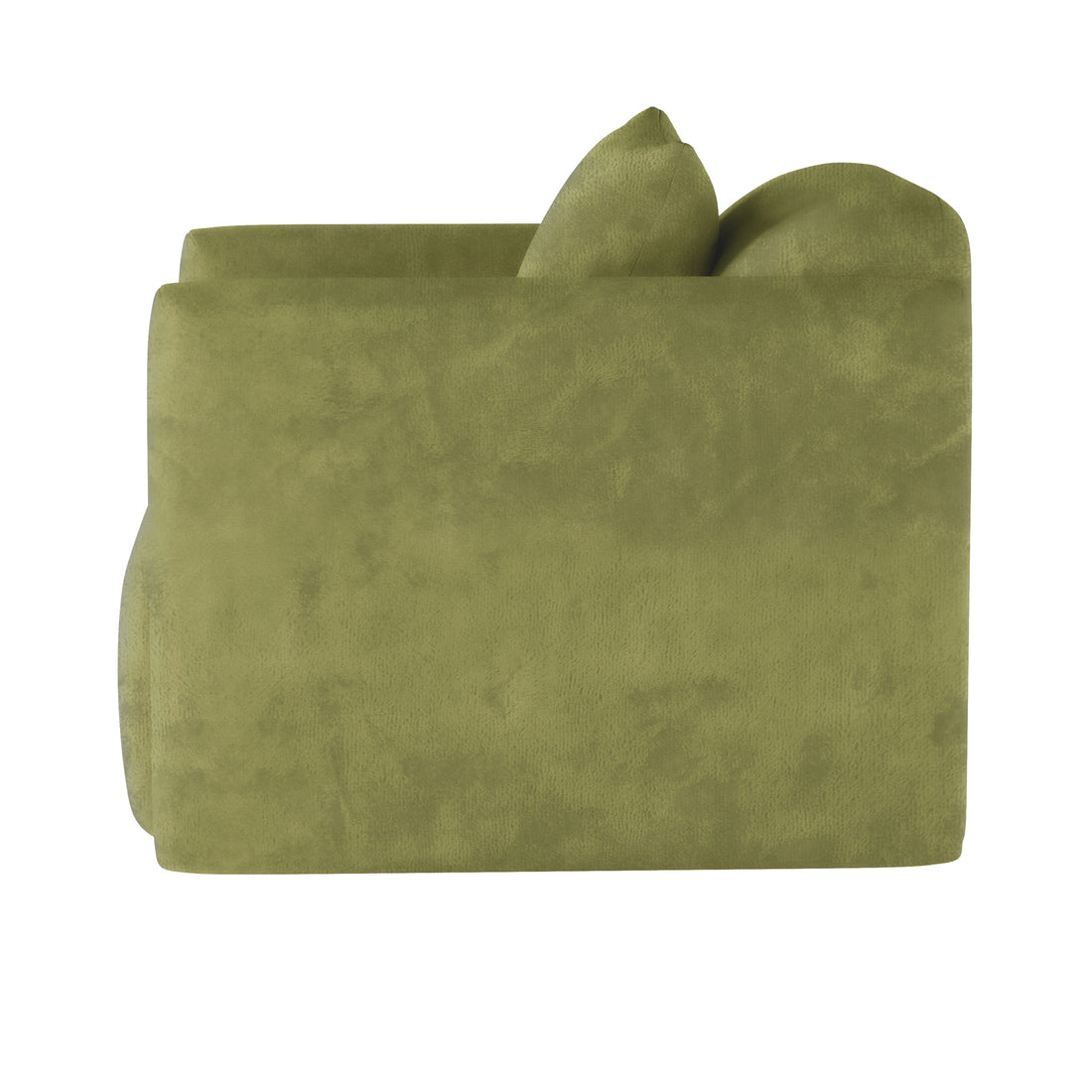 Side view of the Vestalia 4 Seater Velvet Sofa Set in Olive Green, showcasing the armrest and visible seat cushions, highlighting the luxurious velvet upholstery and designer curved style.