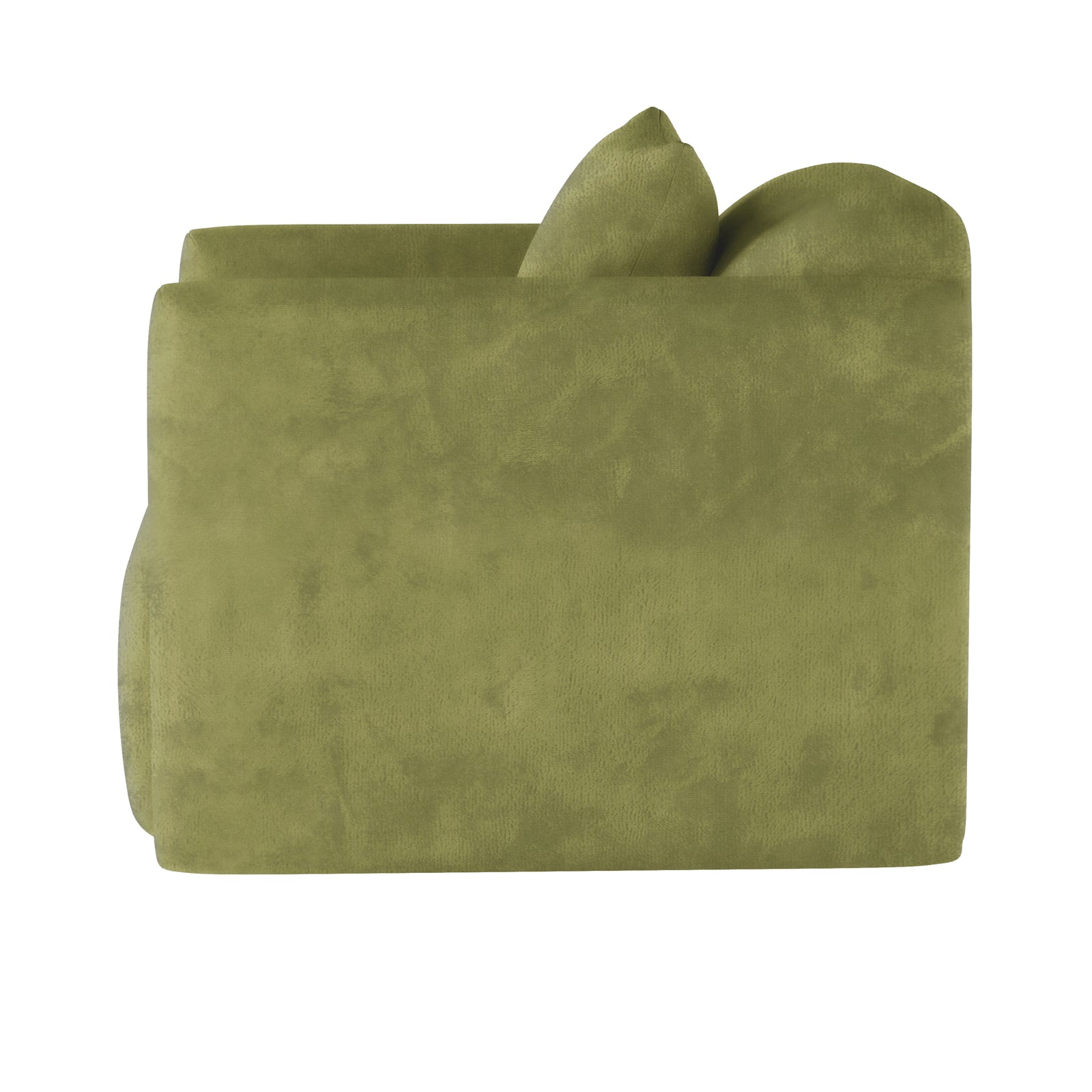 Side view of the Vestalia 4 Seater Velvet Sofa Set in Olive Green, showcasing the armrest and visible seat cushions, highlighting the luxurious velvet upholstery and designer curved style.