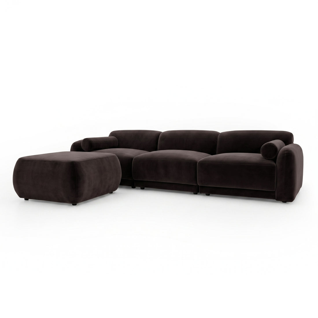 Dark brown sectional sofa with matching ottoman on white background