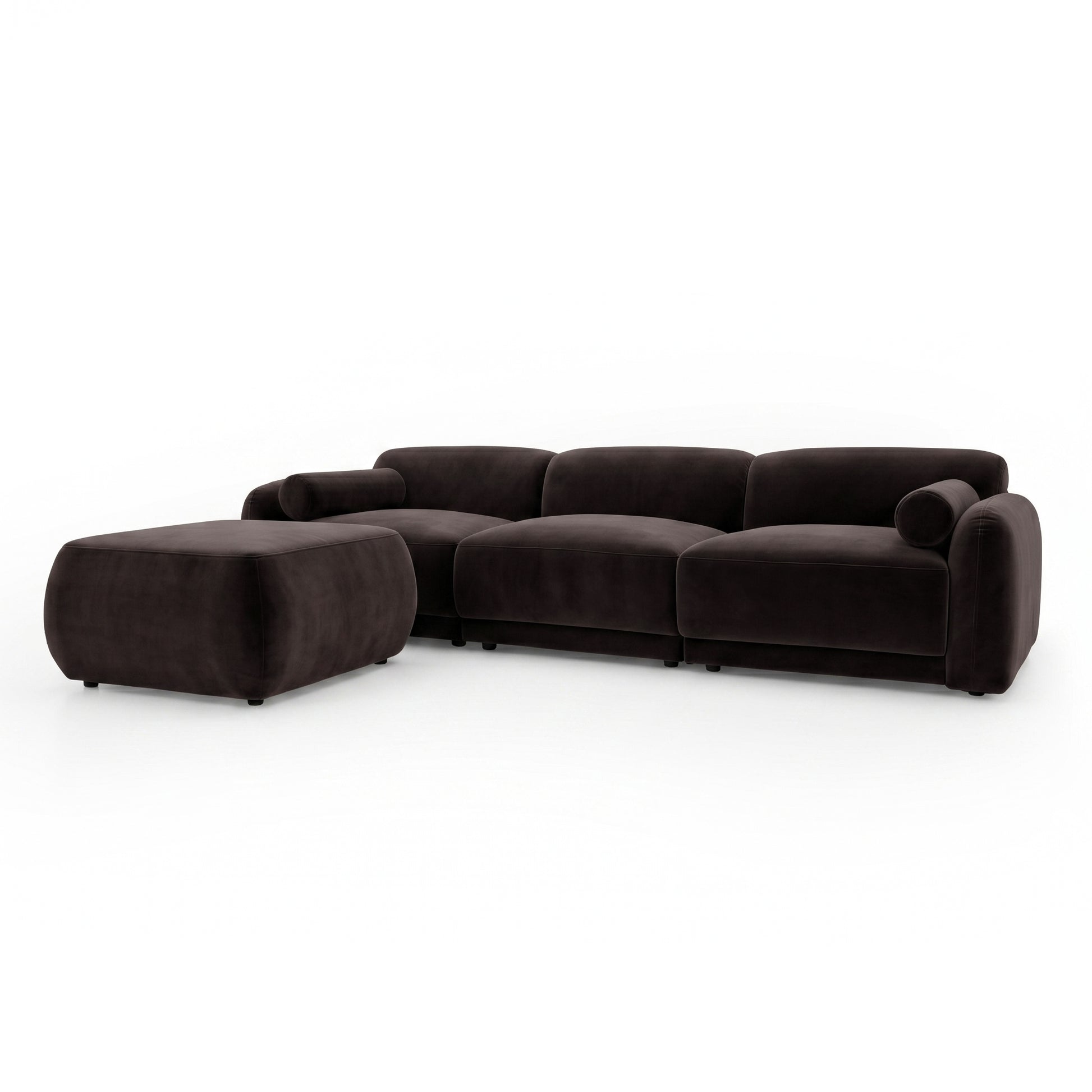 Dark brown sectional sofa with matching ottoman on white background