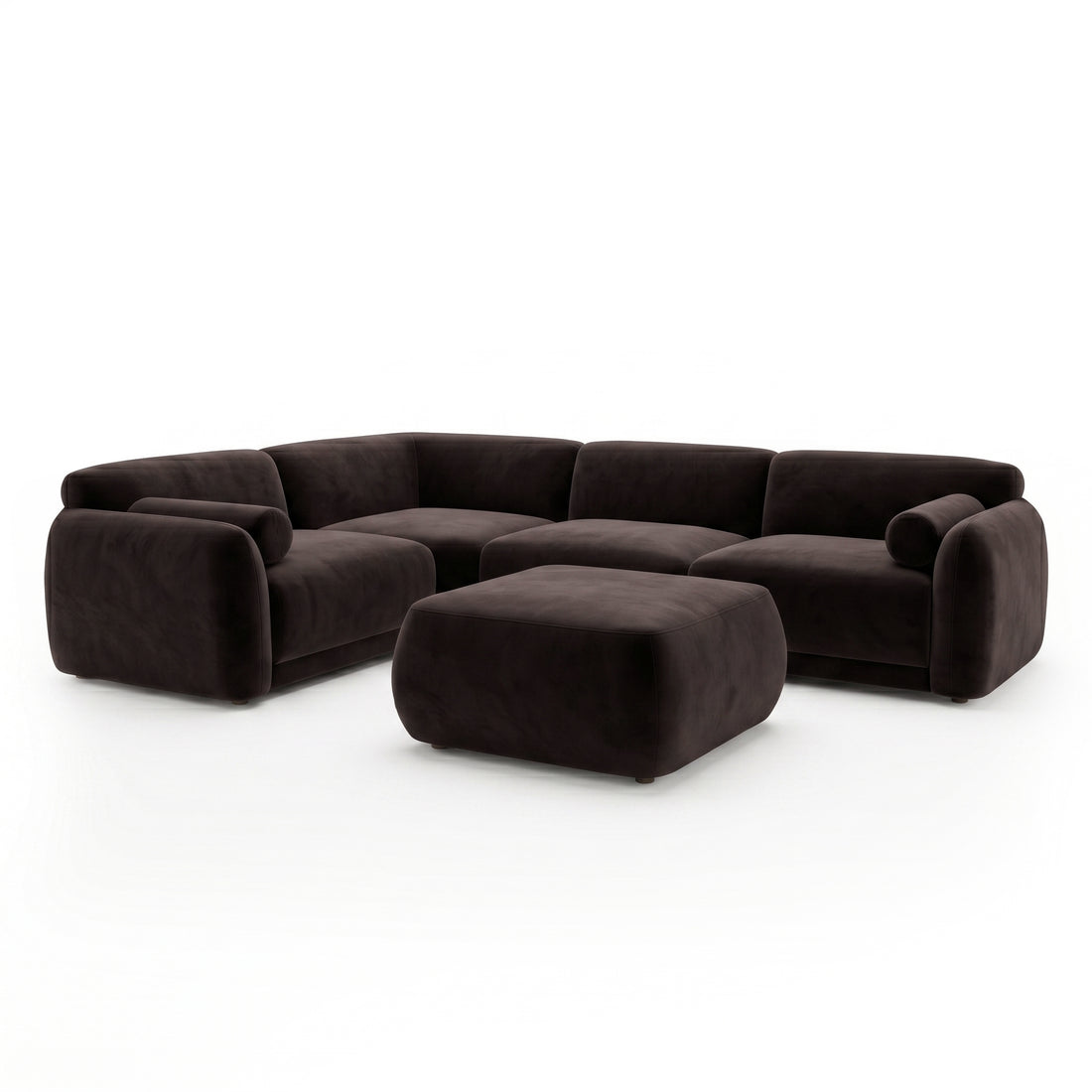 Dark brown sectional sofa with ottoman on white background