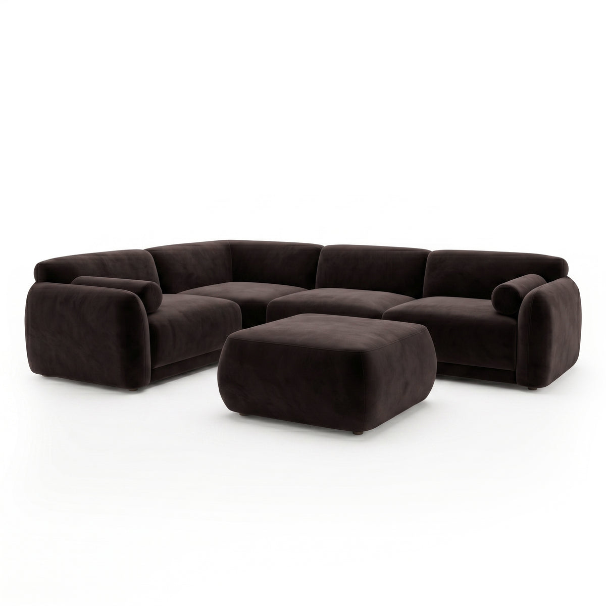 Dark brown sectional sofa with ottoman on white background