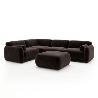 Dark brown sectional sofa with ottoman on white background
