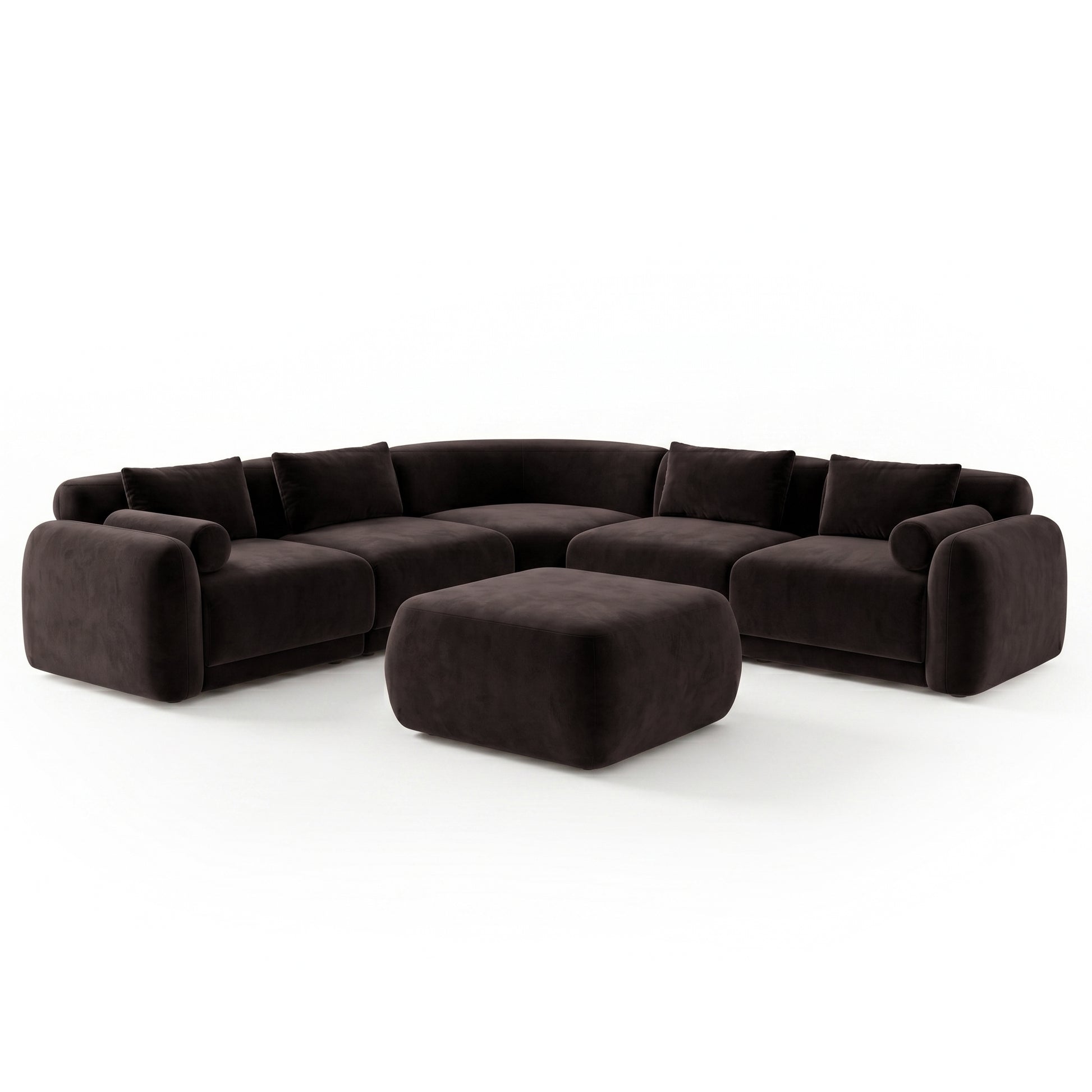 Modern dark-colored curved sectional sofa with matching ottoman on white background