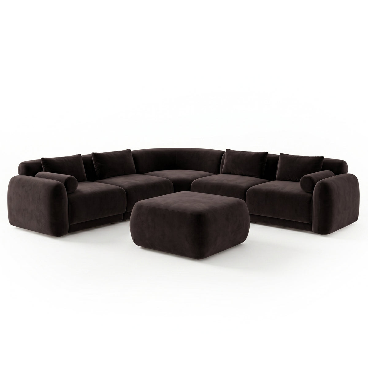 Modern dark-colored curved sectional sofa with matching ottoman on white background