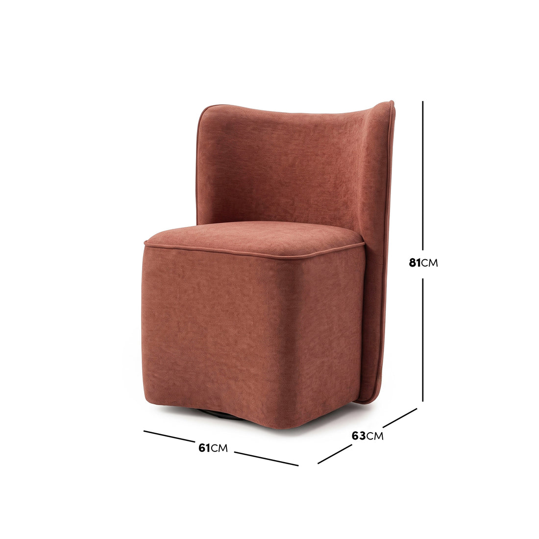 Upholstered chair on white background with dimensions labeled