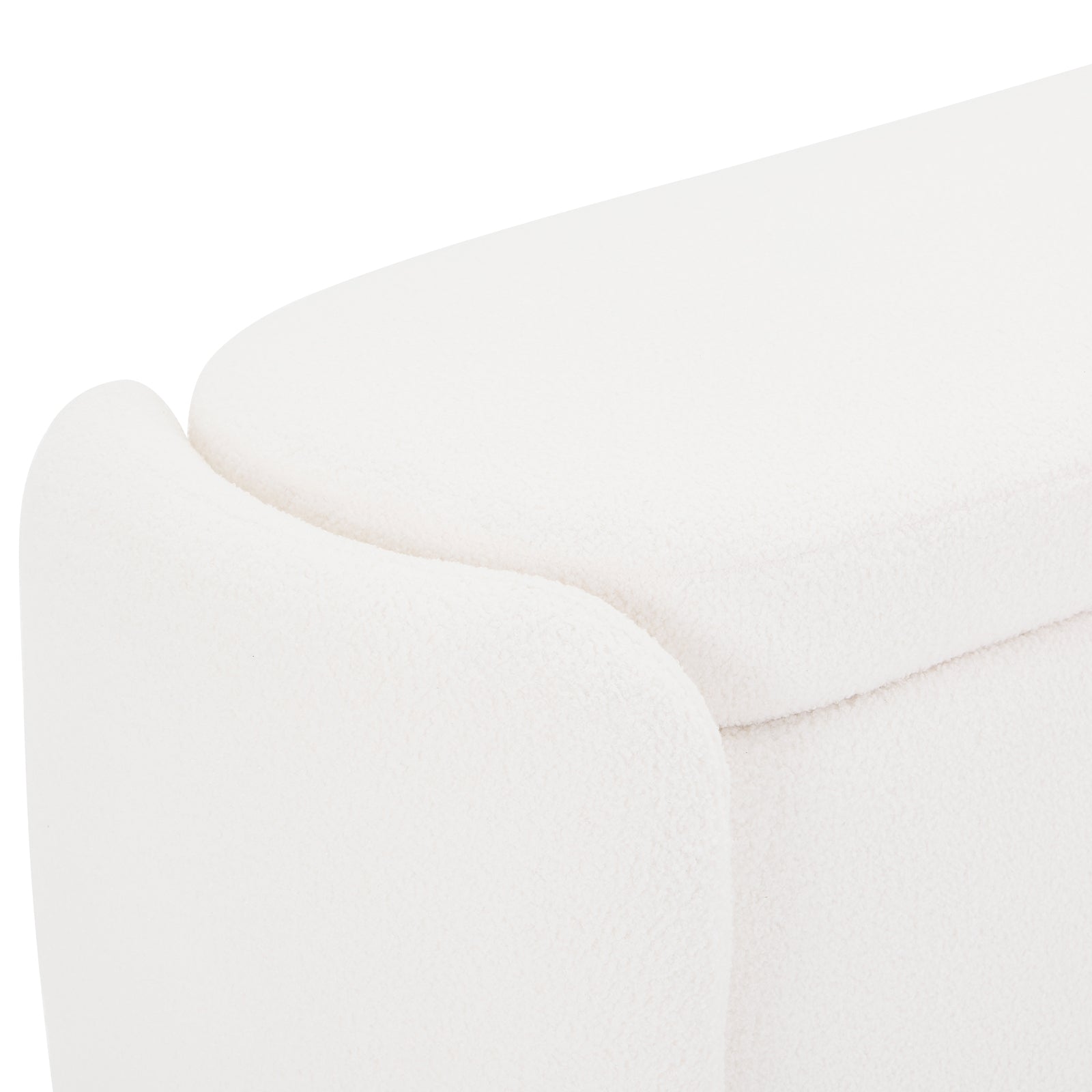 Close-up of the Wynne Fabric Storage Ottoman Bench Seat - Cream White, showcasing its ivory bouclé-style upholstery and plush padding, highlighting the luxurious texture and contemporary design.