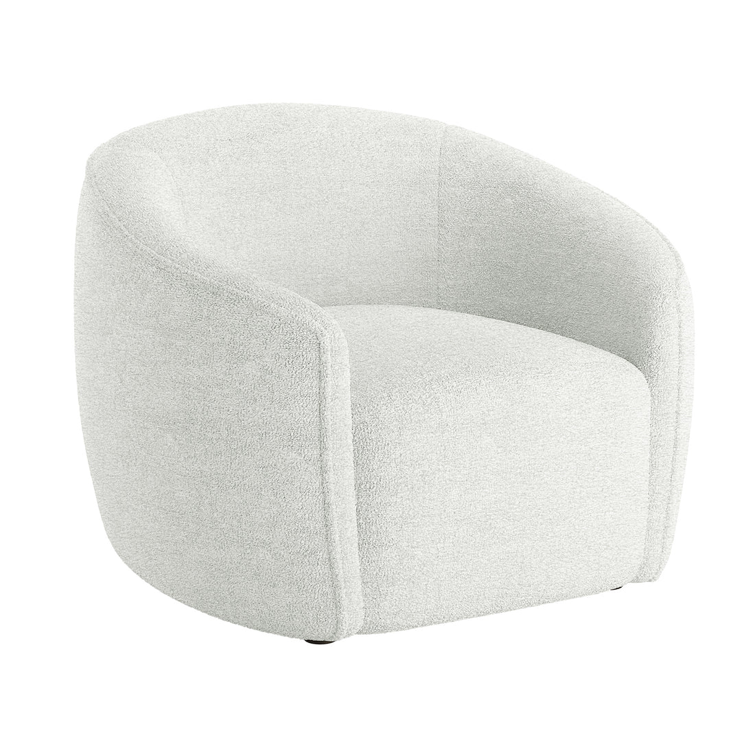 Yara Bouclé Accent Chair in Cream White, featuring a modern low-profile design with a gently curved barrel back, upholstered in off-white bouclé fabric, sitting directly on the floor without visible legs.