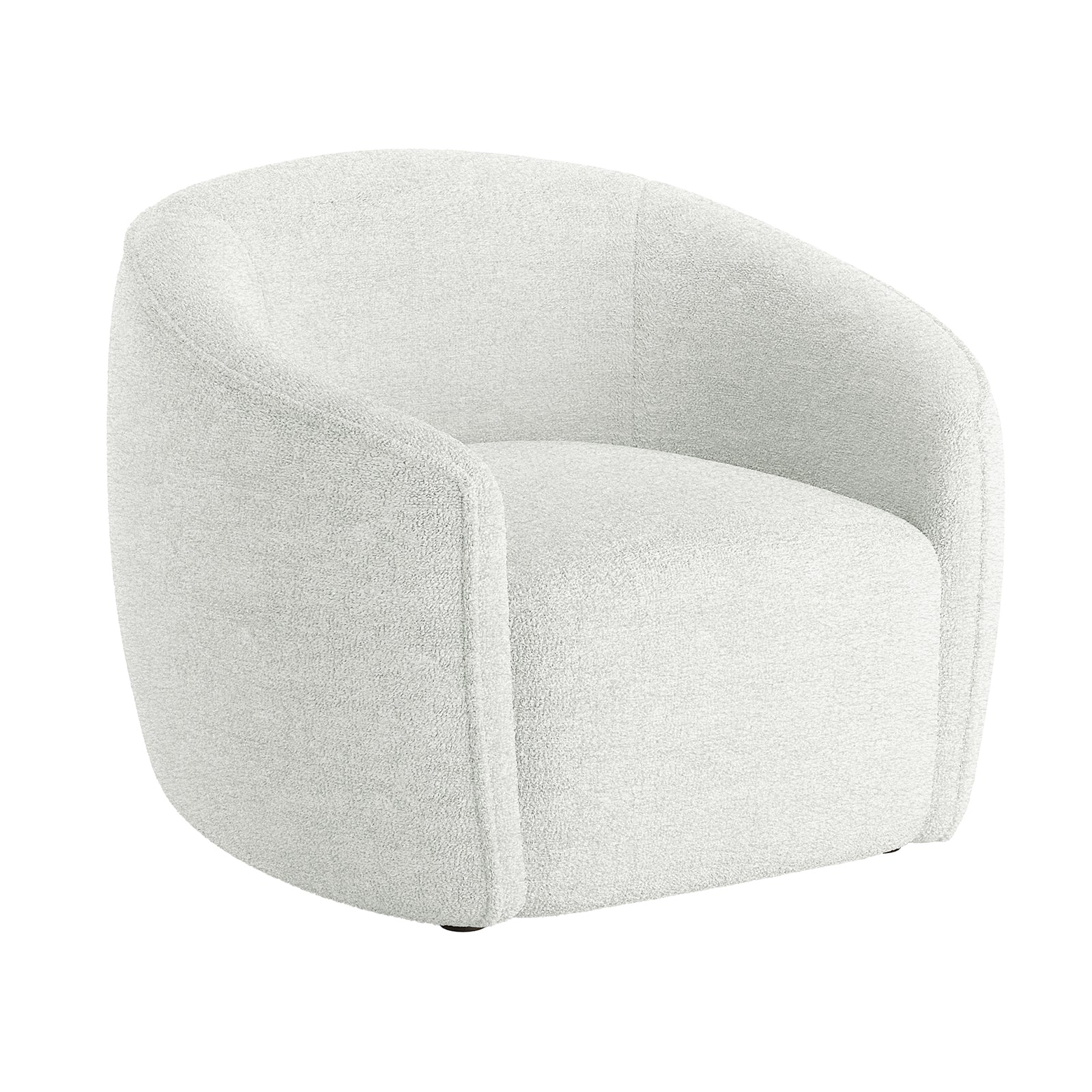 Yara Bouclé Accent Chair in Cream White, featuring a modern low-profile design with a gently curved barrel back, upholstered in off-white bouclé fabric, sitting directly on the floor without visible legs.