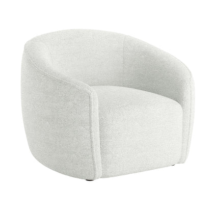 Yara Bouclé Accent Chair in Cream White, featuring a modern low-profile design with a gently curved barrel back, upholstered in off-white bouclé fabric, sitting directly on the floor without visible legs.