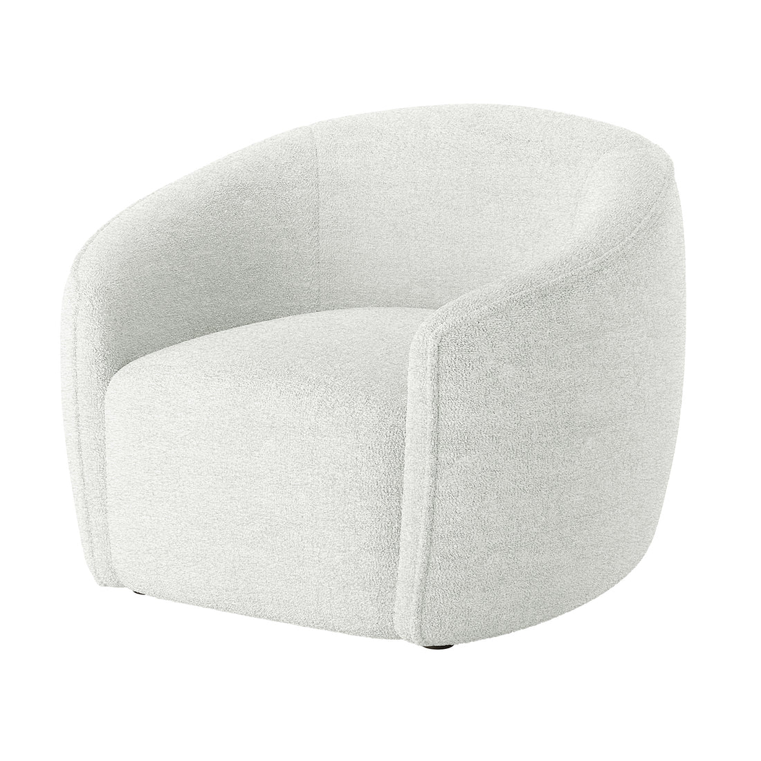 Yara Bouclé Accent Chair in Cream White, featuring a low-profile, barrel-style swivel design with loop-textured fabric, rounded silhouette, gently curved sides, and plastic legs, offers a modern, retro-inspired look.