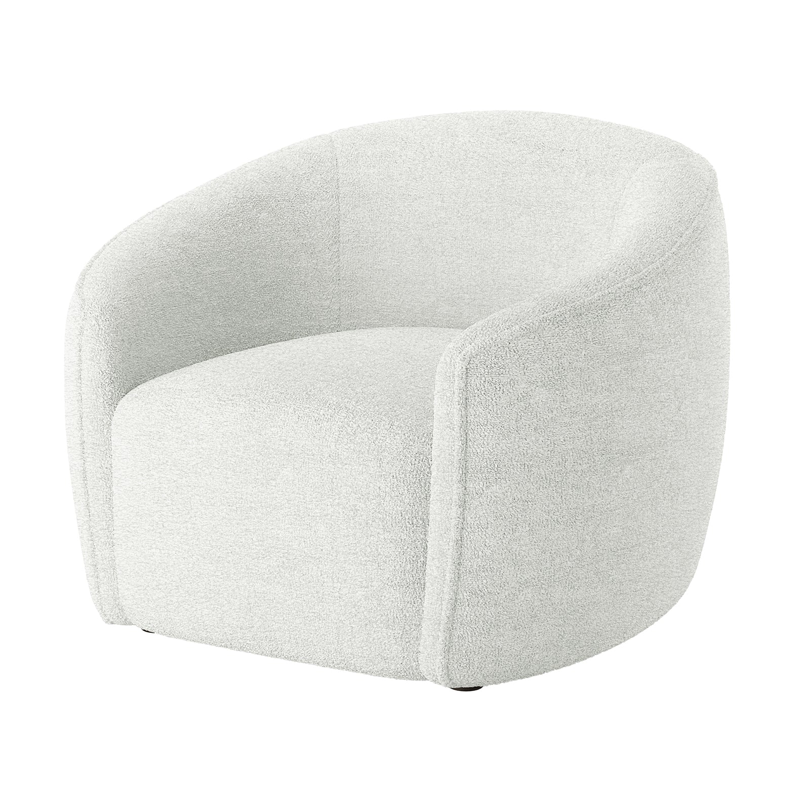 Yara Bouclé Accent Chair in Cream White, featuring a low-profile, barrel-style swivel design with loop-textured fabric, rounded silhouette, gently curved sides, and plastic legs, offers a modern, retro-inspired look.