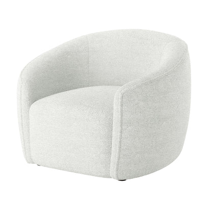 Yara Bouclé Accent Chair in Cream White, featuring a low-profile, barrel-style swivel design with loop-textured fabric, rounded silhouette, gently curved sides, and plastic legs, offers a modern, retro-inspired look.