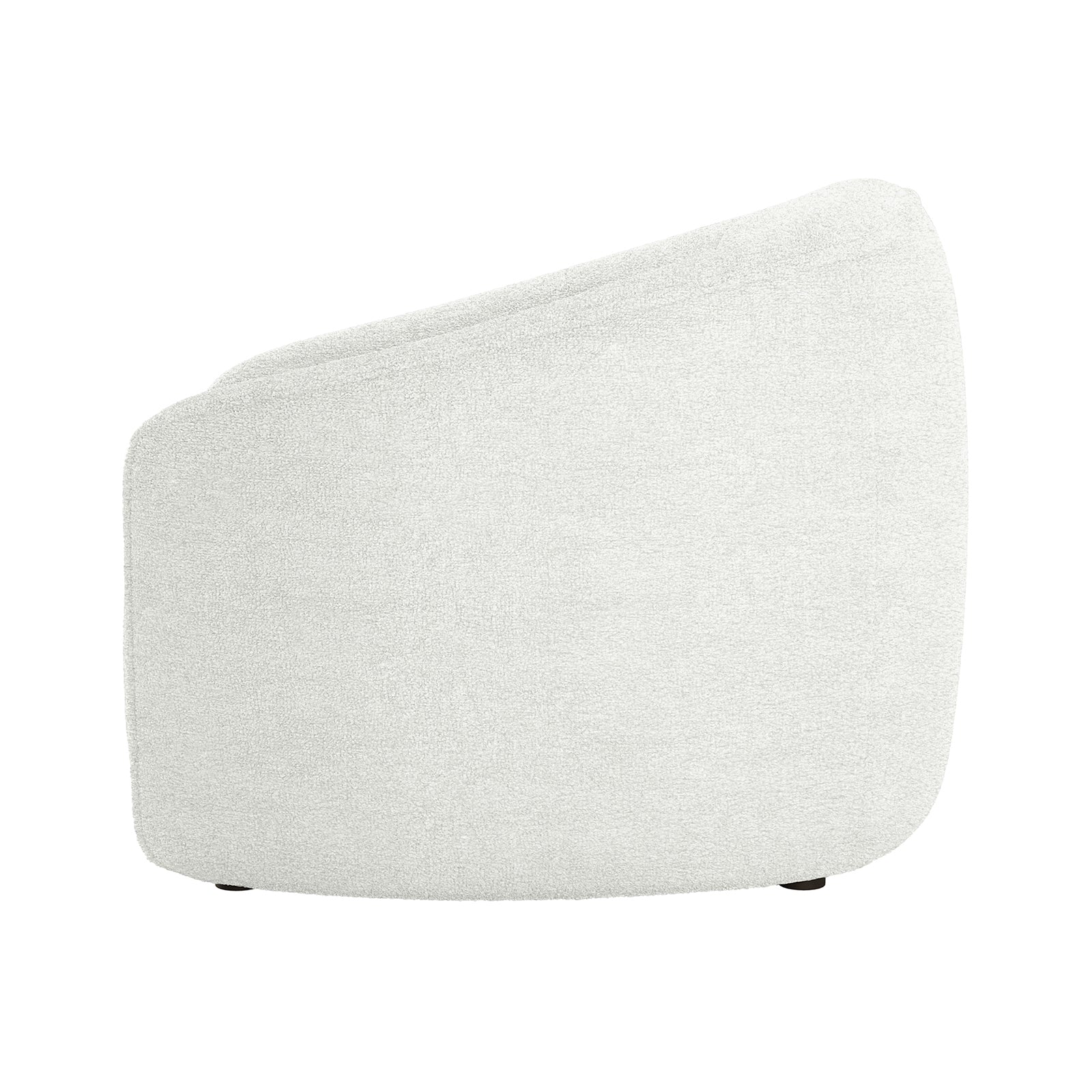 Yara Bouclé Accent Chair in Cream White, showcasing a modern barrel-style design with soft boucle upholstery, sloping back, rounded profile, and discreet feet. Perfect for a stylish, retro-inspired space.