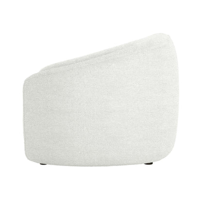 Yara Bouclé Accent Chair in Cream White, showcasing a modern barrel-style design with soft boucle upholstery, sloping back, rounded profile, and discreet feet. Perfect for a stylish, retro-inspired space.