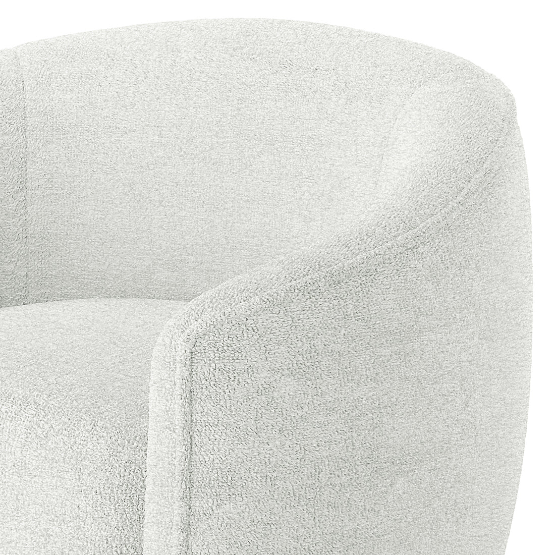 Yara Bouclé Accent Chair in Cream White, featuring a softly rounded back and arms, upholstered in textured bouclé fabric. The design reflects a modern twist on 70’s retro style.