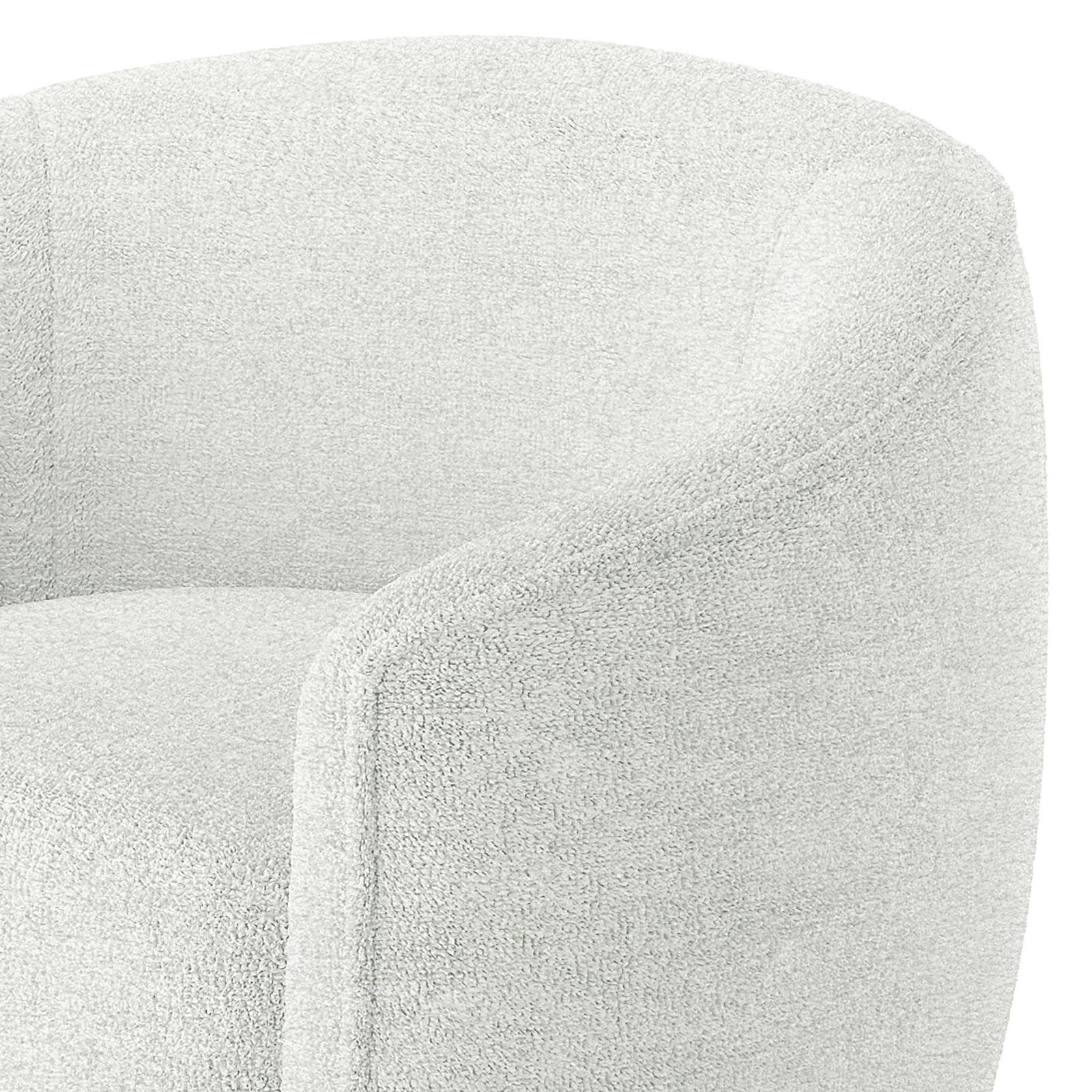 Yara Bouclé Accent Chair in Cream White, featuring a softly rounded back and arms, upholstered in textured bouclé fabric. The design reflects a modern twist on 70’s retro style.