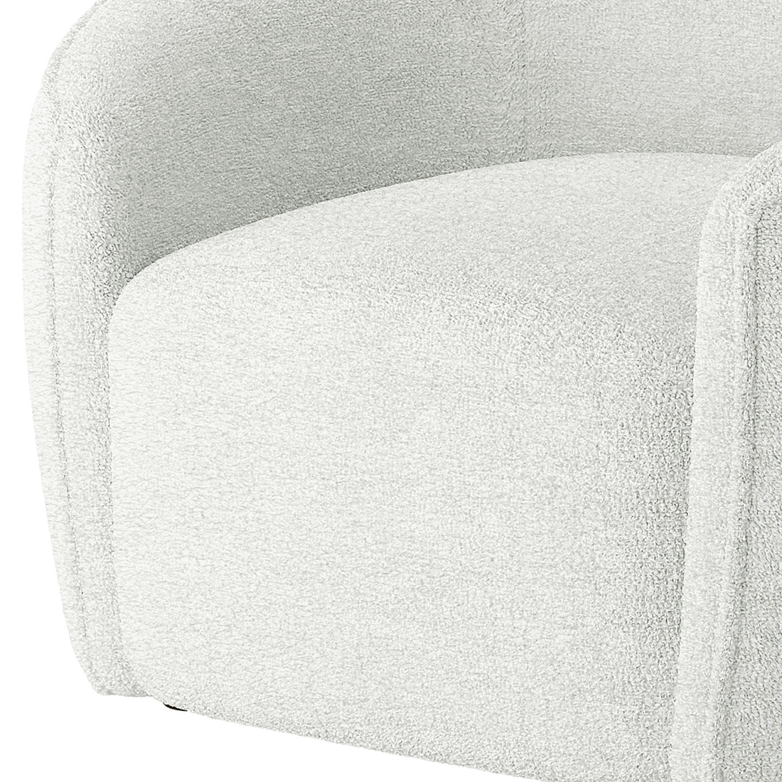 Yara Bouclé Accent Chair in Cream White, showcasing a close-up of its modern, curved armrest and seat, upholstered in textured bouclé fabric for a sleek, retro-inspired design.
