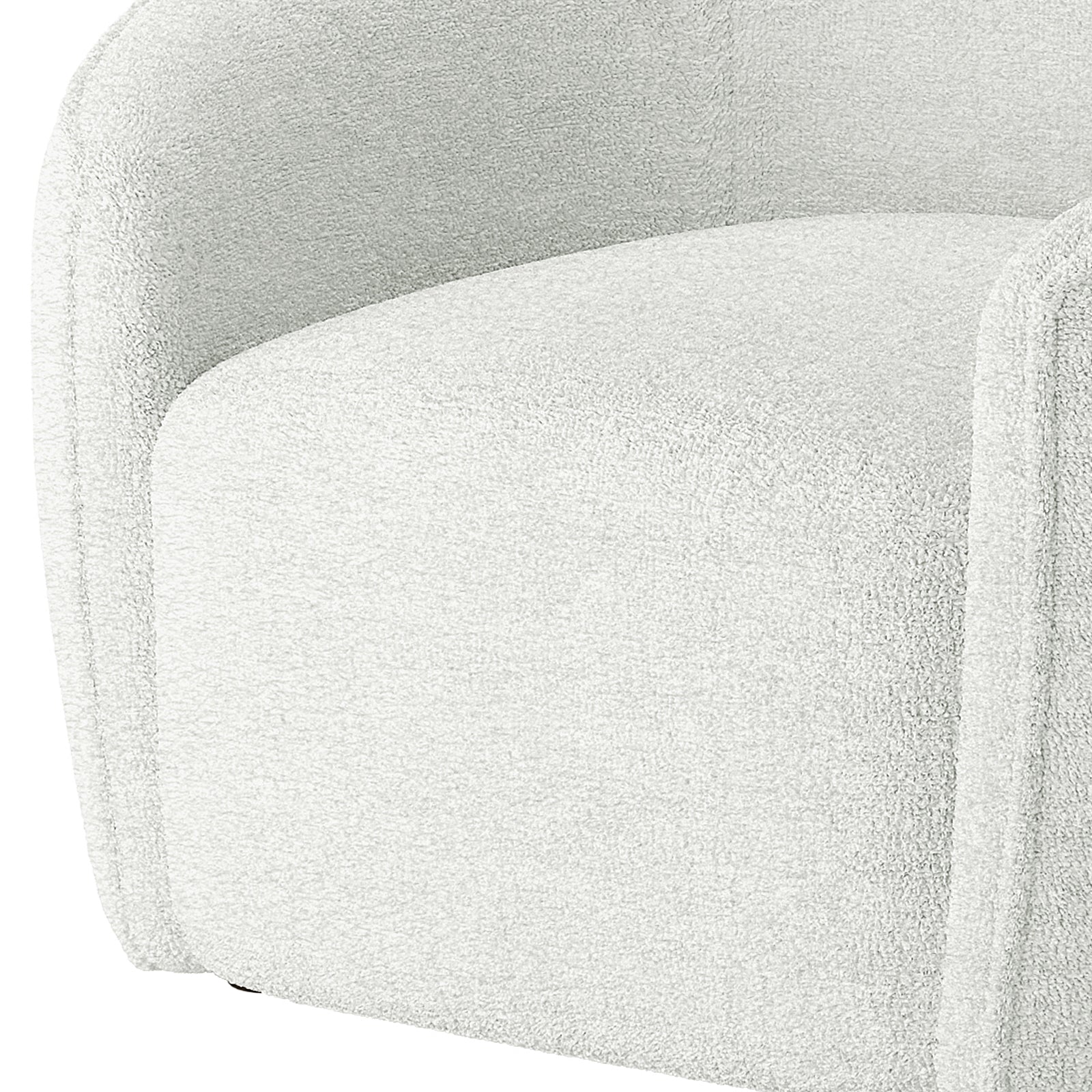 Yara Bouclé Accent Chair in Cream White, showcasing a close-up of its modern, curved armrest and seat, upholstered in textured bouclé fabric for a sleek, retro-inspired design.