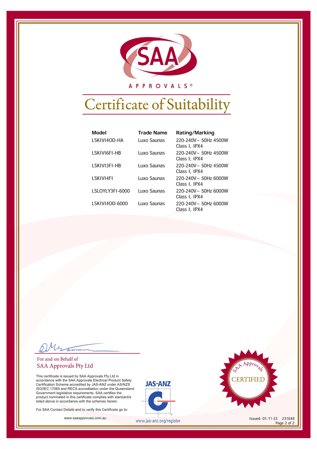 Kivi 3-Person Traditional Stove Finnish Indoor Home Sauna certification page, listing approved Luxo Sauna models, electrical ratings, protection class; includes issuance details, certification seal, and reference websites for verification.