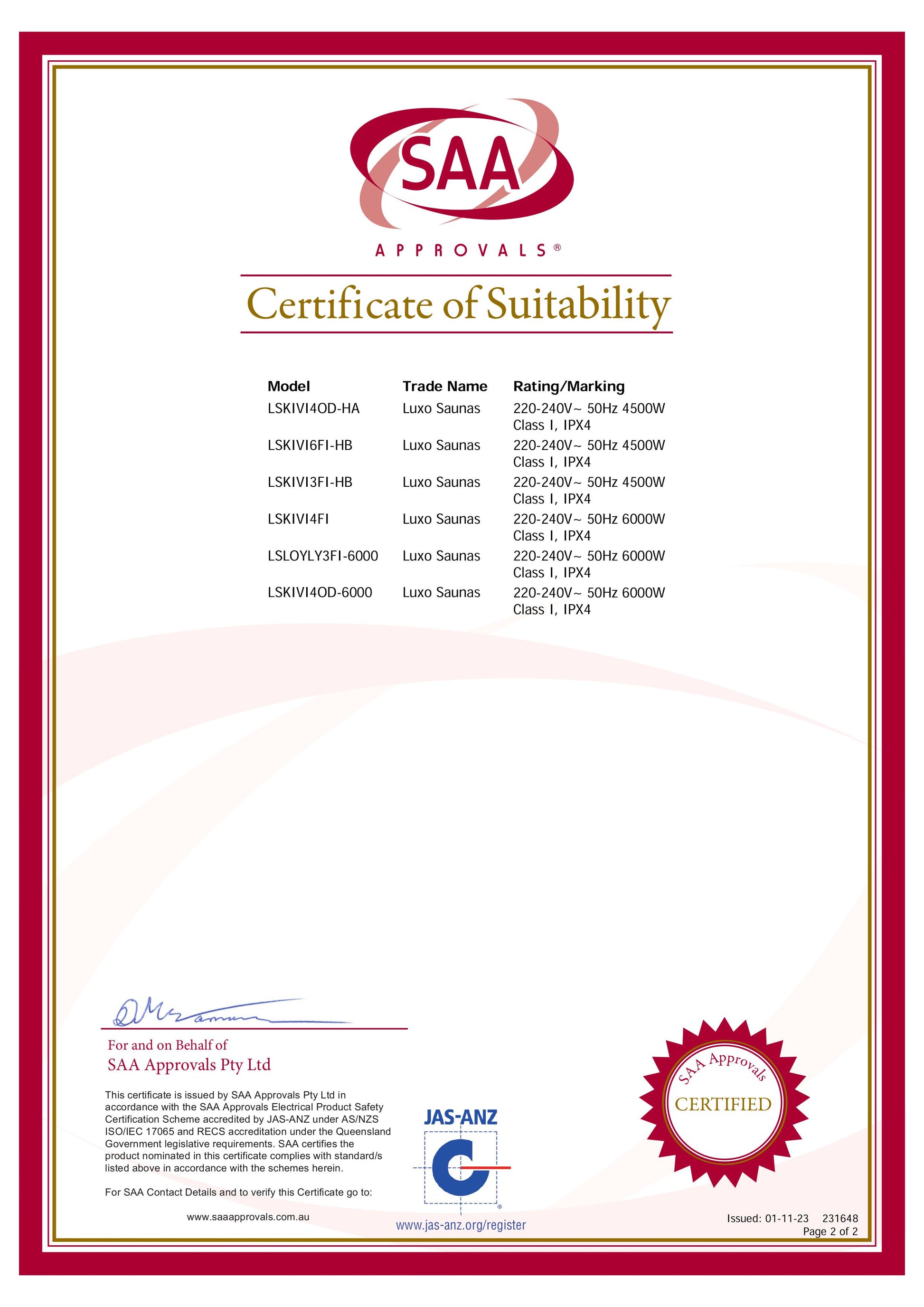 Kivi 3-Person Traditional Stove Finnish Indoor Home Sauna certification page, listing approved Luxo Sauna models, electrical ratings, protection class; includes issuance details, certification seal, and reference websites for verification.