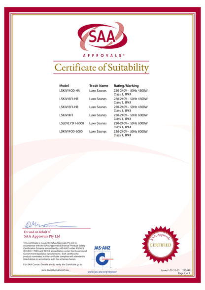 Kivi 3-Person Traditional Stove Finnish Indoor Home Sauna certification page, listing approved Luxo Sauna models, electrical ratings, protection class; includes issuance details, certification seal, and reference websites for verification.