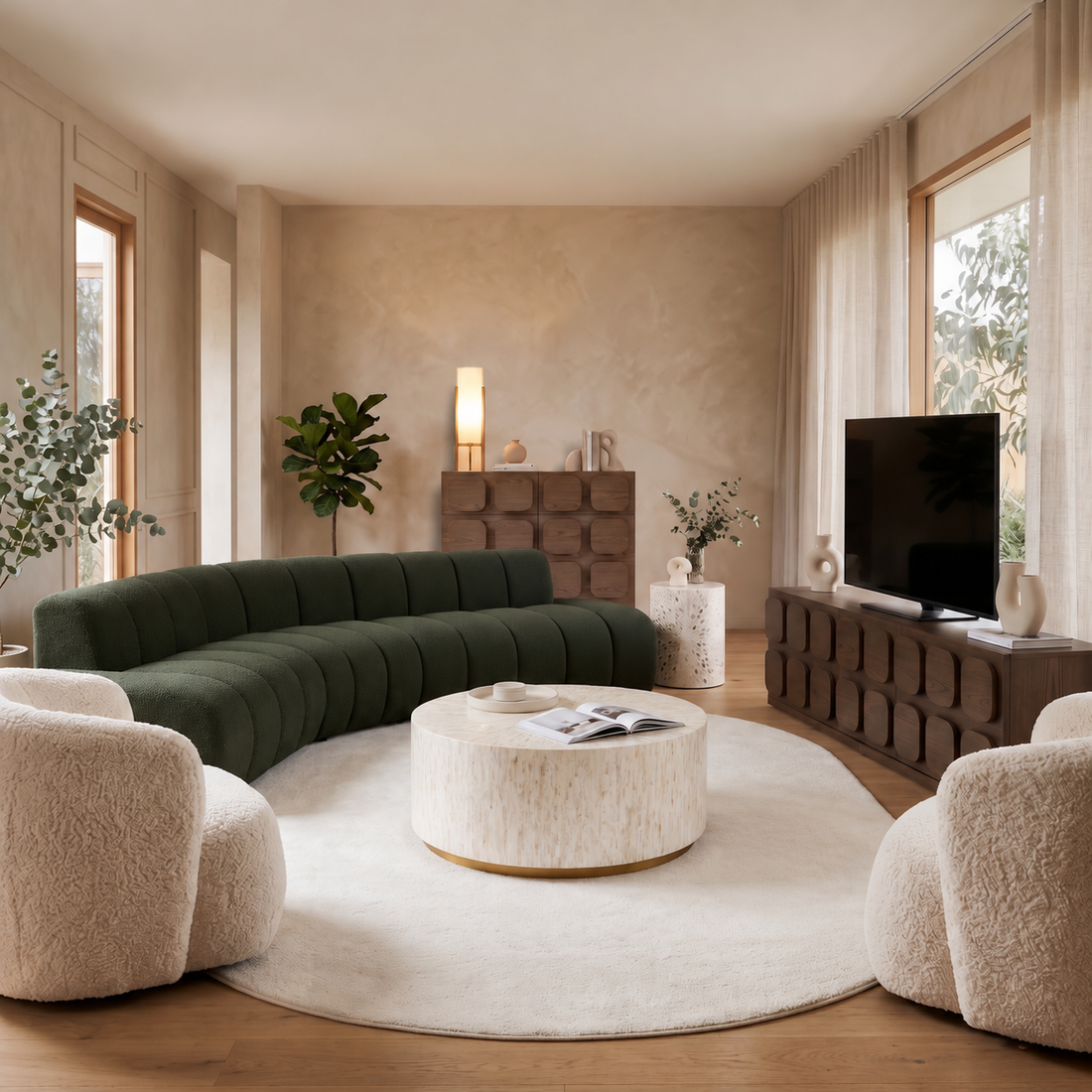 Modern living room featuring a dark green curved sofa, cream boucle armchairs, a round white coffee table, a matching textured TV unit, a wooden sideboard, and a neutral round rug in a warm, minimalist interior.