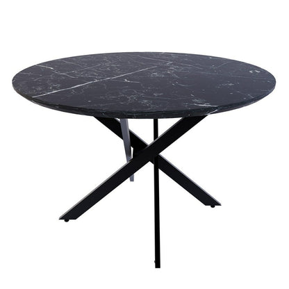 Stoten Round Dining Table Black Marble featuring a sleek round top with subtle white veining, supported by cross-tapered black powder-coated metal legs, offering a modern, balanced design.
