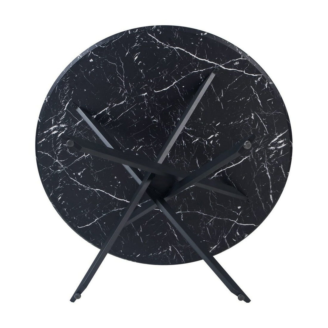 Stoten Round Dining Table Black Marble features a sleek round top with a marble finish and black powder-coated legs that cross and taper, creating a modern, sturdy design for four people.